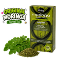 Akan Moringa Leaf Tea box in green packaging shown next to fresh green moringa leaves and loose dried tea powder on a white background, with a large 'Original Moringa Herbal Tea' graphic overlay on the left.