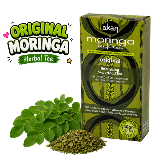 Akan Moringa Leaf Tea box in green packaging shown next to fresh green moringa leaves and loose dried tea powder on a white background, with a large 'Original Moringa Herbal Tea' graphic overlay on the left.
