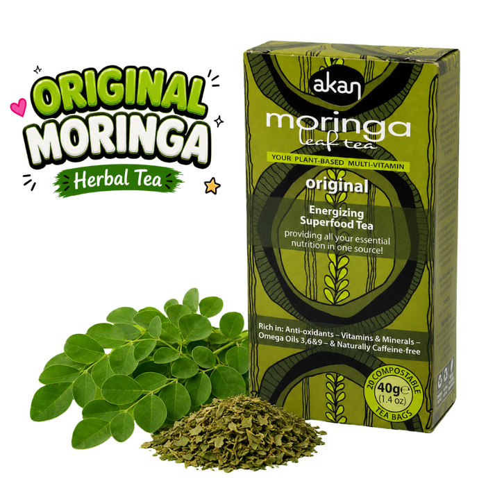 Akan Moringa Leaf Tea box in green packaging shown next to fresh green moringa leaves and loose dried tea powder on a white background, with a large 'Original Moringa Herbal Tea' graphic overlay on the left.