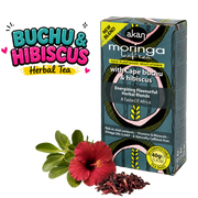 A box of Akan Moringa Leaf Tea with Cape Buchu & Hibiscus, shown alongside loose hibiscus flowers and dried petals on a white background, with a 'BUCHU & HIBISCUS Herbal Tea' graphic overlay in the top left.