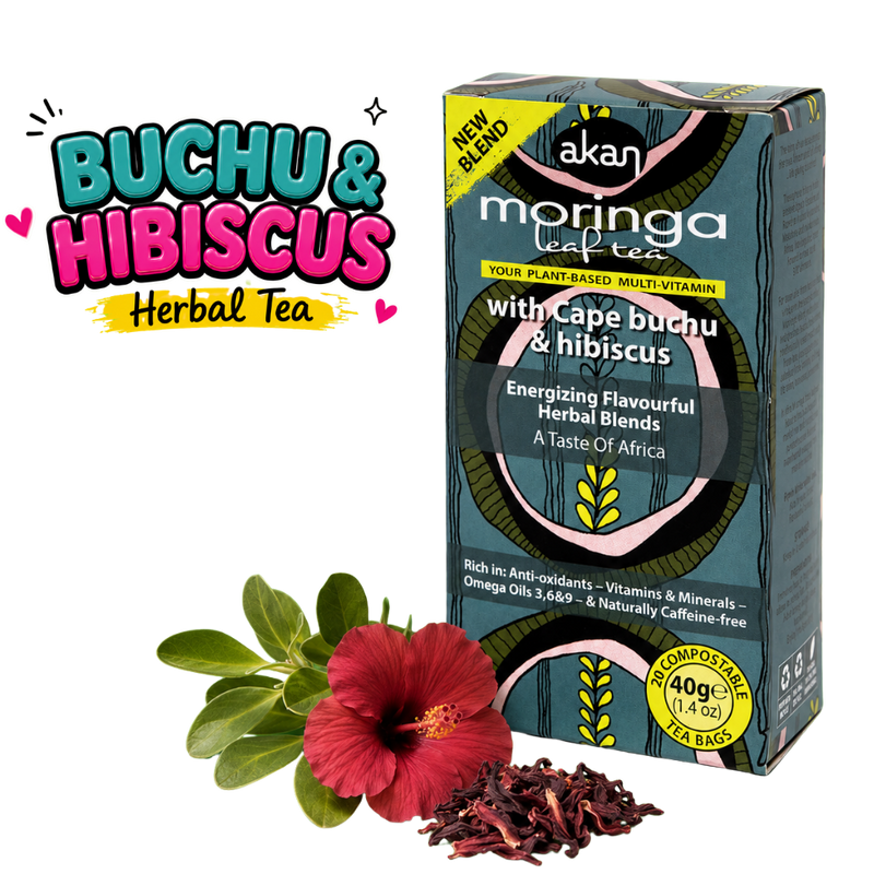 A box of Akan Moringa Leaf Tea with Cape Buchu & Hibiscus, shown alongside loose hibiscus flowers and dried petals on a white background, with a 'BUCHU & HIBISCUS Herbal Tea' graphic overlay in the top left.