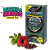 A box of Akan Moringa Leaf Tea with Cape Buchu & Hibiscus, shown alongside loose hibiscus flowers and dried petals on a white background, with a 'BUCHU & HIBISCUS Herbal Tea' graphic overlay in the top left.