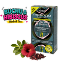 A box of Akan Moringa Leaf Tea with Cape Buchu & Hibiscus, shown alongside loose hibiscus flowers and dried petals on a white background, with a 'BUCHU & HIBISCUS Herbal Tea' graphic overlay in the top left.