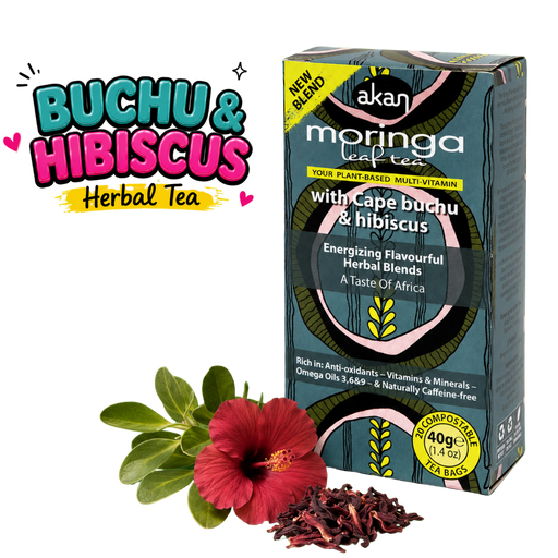 A box of Akan Moringa Leaf Tea with Cape Buchu & Hibiscus, shown alongside loose hibiscus flowers and dried petals on a white background, with a 'BUCHU & HIBISCUS Herbal Tea' graphic overlay in the top left.