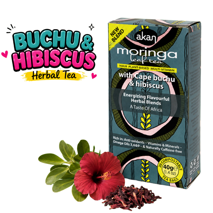 A box of Akan Moringa Leaf Tea with Cape Buchu & Hibiscus, shown alongside loose hibiscus flowers and dried petals on a white background, with a 'BUCHU & HIBISCUS Herbal Tea' graphic overlay in the top left.