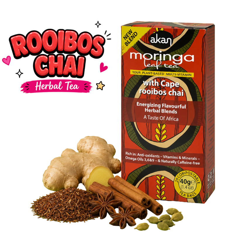 A box of Akan Moringa Leaf Tea Rooibos Chai flavor shown next to loose ingredients including ginger, cinnamon, star anise, cardamom, and a pile of rooibos tea leaves, with a 'Rooibos Chai Herbal Tea' text graphic on a white background.