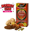 A box of Akan Moringa Leaf Tea Rooibos Chai flavor shown next to loose ingredients including ginger, cinnamon, star anise, cardamom, and a pile of rooibos tea leaves, with a 'Rooibos Chai Herbal Tea' text graphic on a white background.