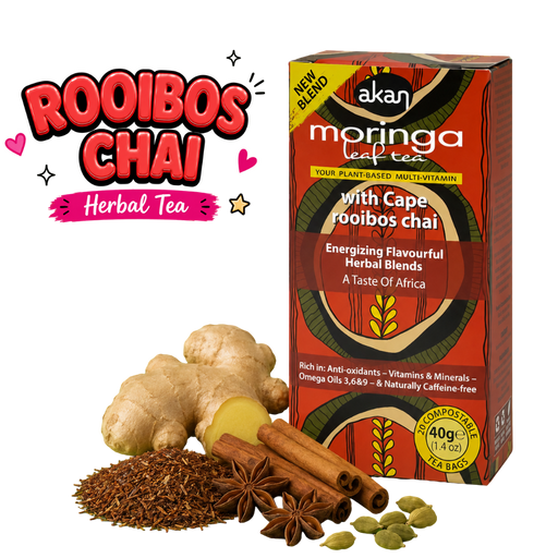A box of Akan Moringa Leaf Tea Rooibos Chai flavor shown next to loose ingredients including ginger, cinnamon, star anise, cardamom, and a pile of rooibos tea leaves, with a 'Rooibos Chai Herbal Tea' text graphic on a white background.