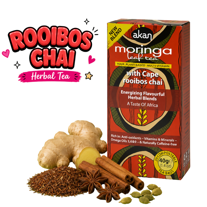 A box of Akan Moringa Leaf Tea Rooibos Chai flavor shown next to loose ingredients including ginger, cinnamon, star anise, cardamom, and a pile of rooibos tea leaves, with a 'Rooibos Chai Herbal Tea' text graphic on a white background.