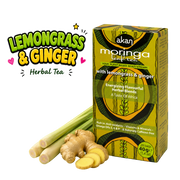 A box of Akan Moringa Leaf Tea next to fresh lemongrass stalks and ginger roots on a plain white background, with a 'Lemongrass & Ginger Herbal Tea' text graphic on the left.
