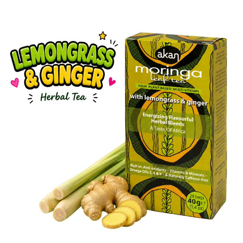 A box of Akan Moringa Leaf Tea next to fresh lemongrass stalks and ginger roots on a plain white background, with a 'Lemongrass & Ginger Herbal Tea' text graphic on the left.