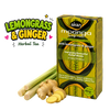 A box of Akan Moringa Leaf Tea next to fresh lemongrass stalks and ginger roots on a plain white background, with a 'Lemongrass & Ginger Herbal Tea' text graphic on the left.