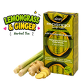 A box of Akan Moringa Leaf Tea next to fresh lemongrass stalks and ginger roots on a plain white background, with a 'Lemongrass & Ginger Herbal Tea' text graphic on the left.