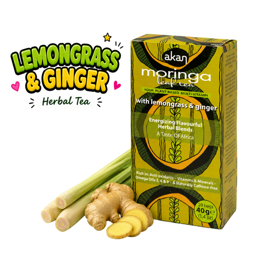 A box of Akan Moringa Leaf Tea next to fresh lemongrass stalks and ginger roots on a plain white background, with a 'Lemongrass & Ginger Herbal Tea' text graphic on the left.