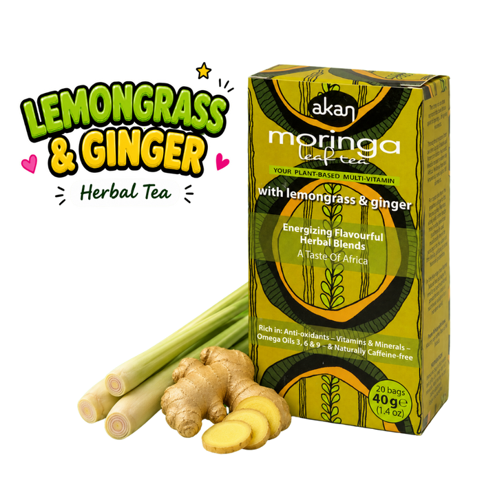 A box of Akan Moringa Leaf Tea next to fresh lemongrass stalks and ginger roots on a plain white background, with a 'Lemongrass & Ginger Herbal Tea' text graphic on the left.