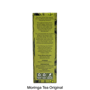 The back of a Moringa Tea Original box, showing product information, storage instructions, and preparation details in white text over a green and yellow patterned background, on a white studio background with 'Moringa Tea Original' printed below.