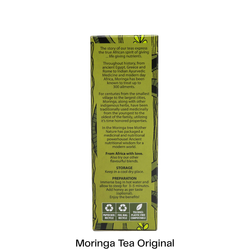The back of a Moringa Tea Original box, showing product information, storage instructions, and preparation details in white text over a green and yellow patterned background, on a white studio background with 'Moringa Tea Original' printed below.