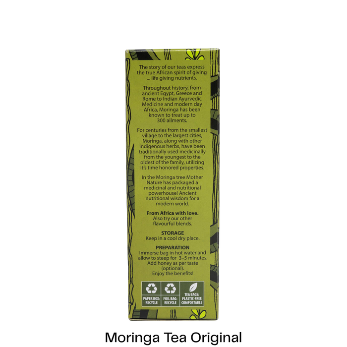 The back of a Moringa Tea Original box, showing product information, storage instructions, and preparation details in white text over a green and yellow patterned background, on a white studio background with 'Moringa Tea Original' printed below.