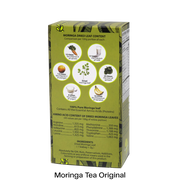 A green box of Moringa Dried Leaf Content supplement, showing the back panel with nutritional facts, ingredients, and usage icons, with the text 'Moringa Tea Original' printed below.