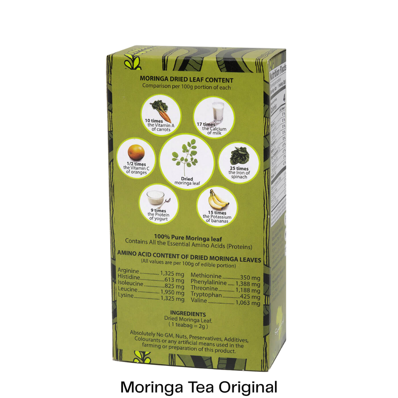 A green box of Moringa Dried Leaf Content supplement, showing the back panel with nutritional facts, ingredients, and usage icons, with the text 'Moringa Tea Original' printed below.