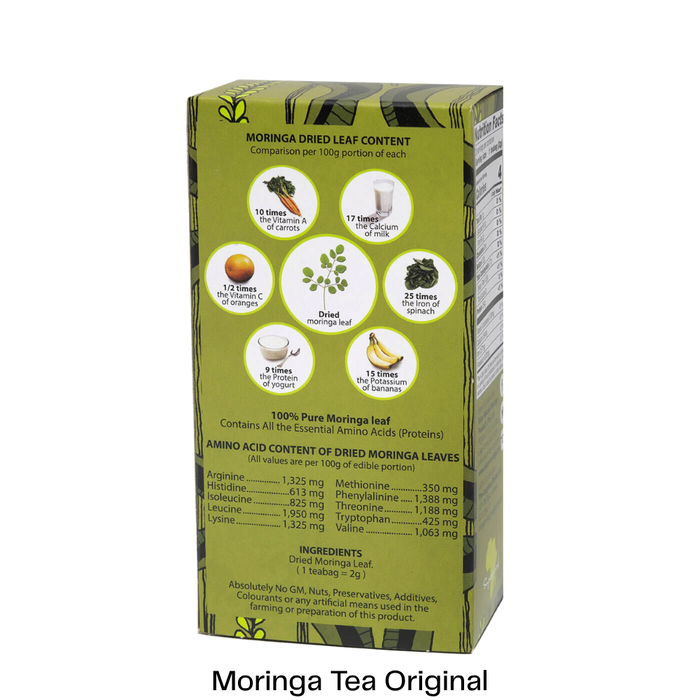 A green box of Moringa Dried Leaf Content supplement, showing the back panel with nutritional facts, ingredients, and usage icons, with the text 'Moringa Tea Original' printed below.