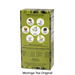 A green box of Moringa Dried Leaf Content supplement, showing the back panel with nutritional facts, ingredients, and usage icons, with the text 'Moringa Tea Original' printed below.