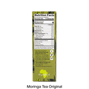 The back of a green tea bag box showing the Nutrition Facts label, with the text 'Moringa Tea Original' printed below on a white background.