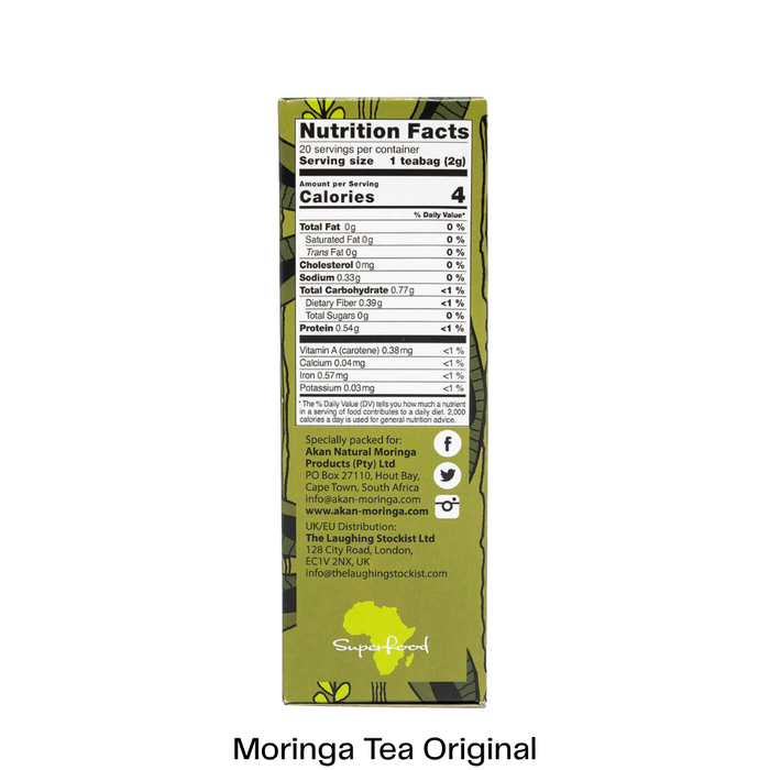 The back of a green tea bag box showing the Nutrition Facts label, with the text 'Moringa Tea Original' printed below on a white background.