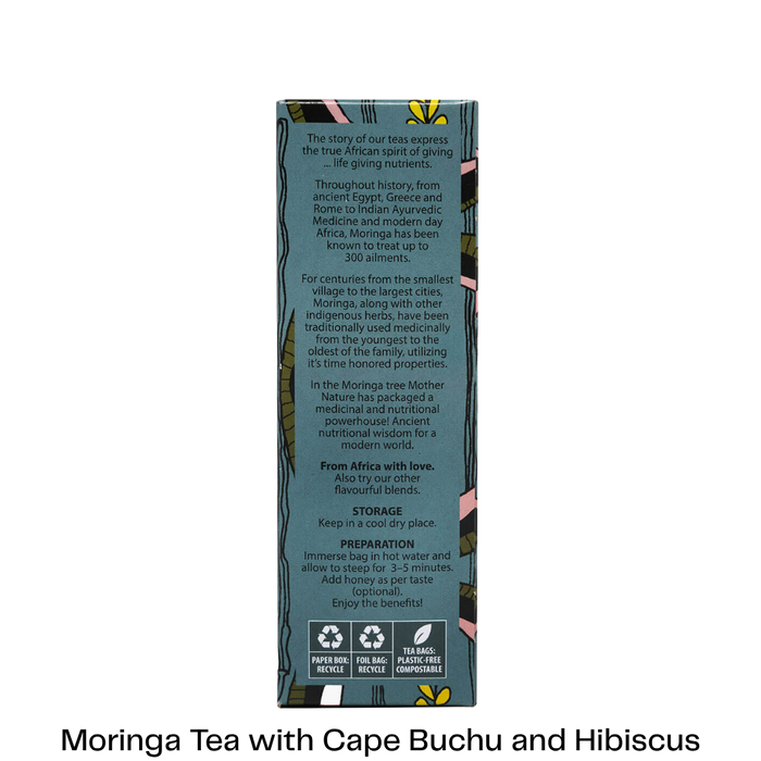 The back of a Moringa Tea box with detailed product information, preparation instructions, and recycling icons, shown on a white background with a black text label at the bottom.