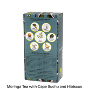 A box of Moringa tea shown on a white background, displaying the back panel with product claims, nutritional information, and ingredient icons.