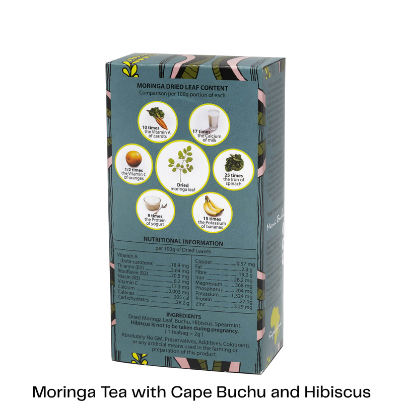 A box of Moringa tea shown on a white background, displaying the back panel with product claims, nutritional information, and ingredient icons.