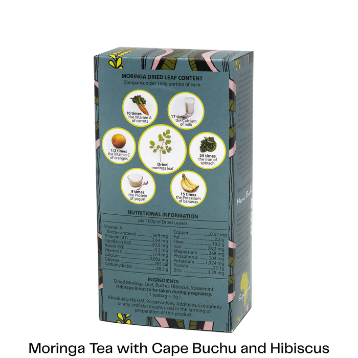 A box of Moringa tea shown on a white background, displaying the back panel with product claims, nutritional information, and ingredient icons.