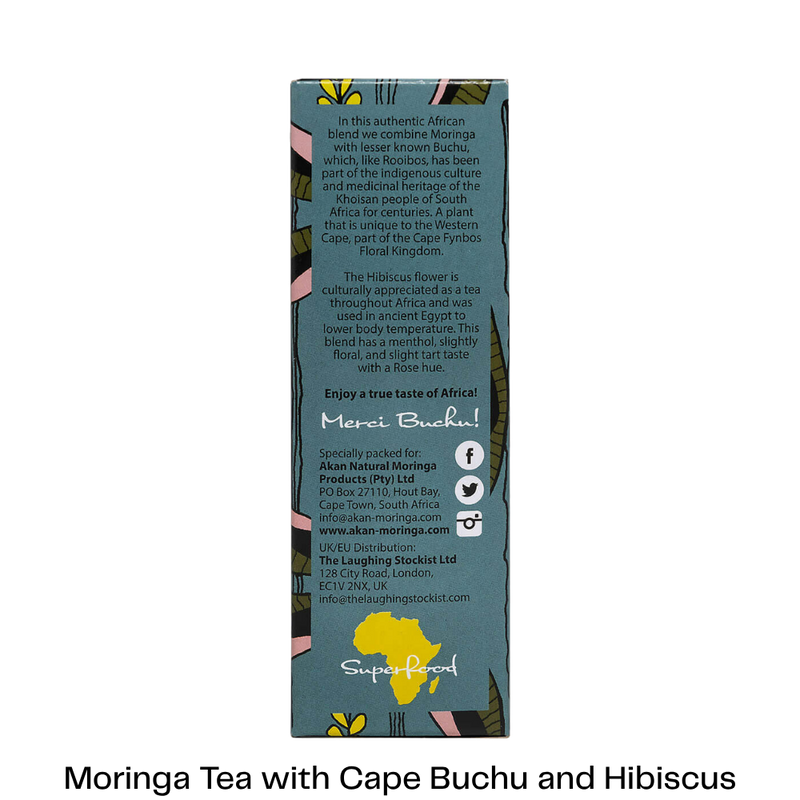 The back of a tall rectangular tea box shown against a white background, with product text visible and decorative floral border artwork. A black caption at the bottom reads 'Moringa Tea with Cape Buchu and Hibiscus.