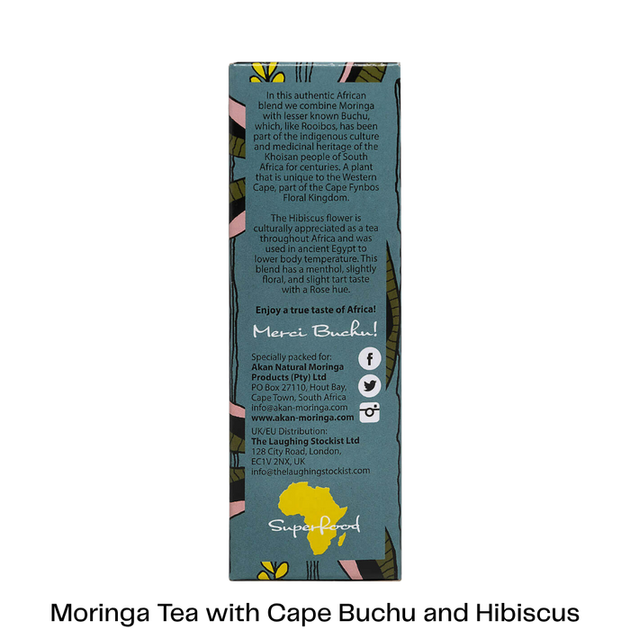 The back of a tall rectangular tea box shown against a white background, with product text visible and decorative floral border artwork. A black caption at the bottom reads 'Moringa Tea with Cape Buchu and Hibiscus.