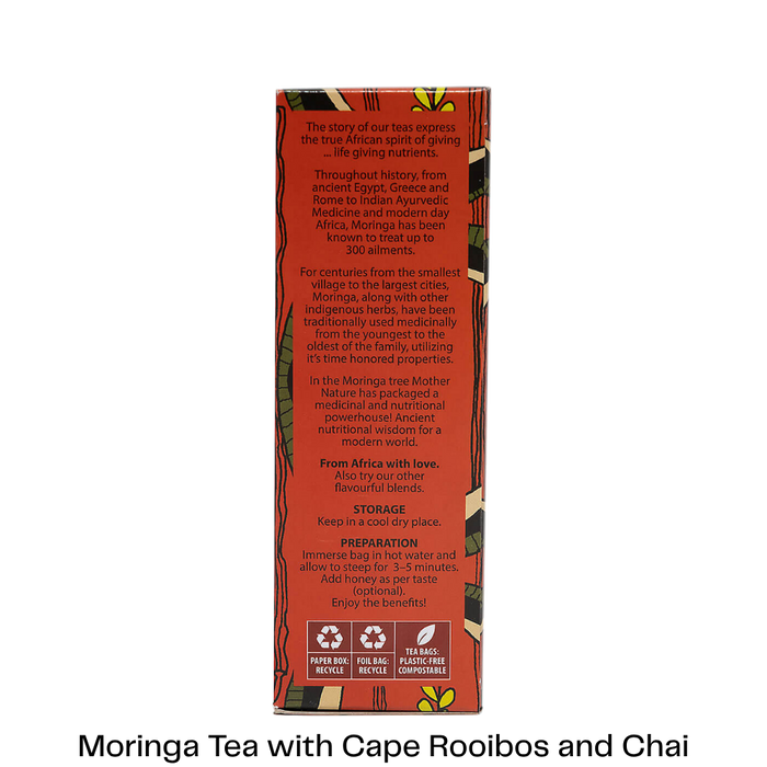 The back of a Moringa Tea box, showing product information in English, with a red background and decorative botanical borders, on a white background with text below reading 'Moringa Tea with Cape Rooibos and Chai'.