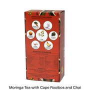 A red rectangular box of Moringa Tea with Cape Rooibos and Chai, showing the back panel with nutritional information, ingredients, and product claims on a white background.