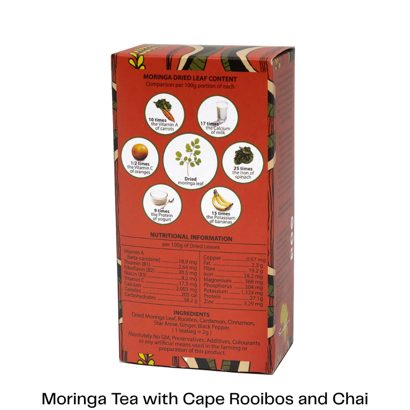A red rectangular box of Moringa Tea with Cape Rooibos and Chai, showing the back panel with nutritional information, ingredients, and product claims on a white background.