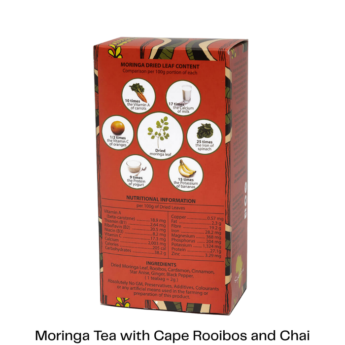 A red rectangular box of Moringa Tea with Cape Rooibos and Chai, showing the back panel with nutritional information, ingredients, and product claims on a white background.