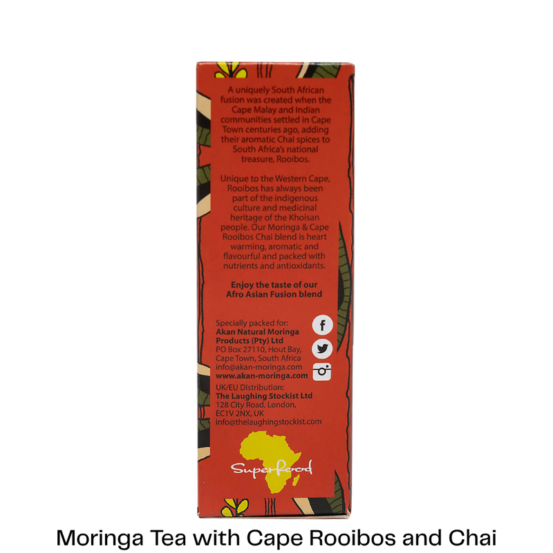 The back of a red tea box with product information text, shown upright on a white background. The box features botanical illustrations and the brand name SuperRosal at the bottom.