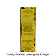 A tall, narrow yellow tea bag box with black text detailing the history and preparation of Moringa tea, shown against a plain white background with a black text label at the bottom.