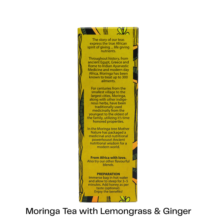 A tall, narrow yellow tea bag box with black text detailing the history and preparation of Moringa tea, shown against a plain white background with a black text label at the bottom.