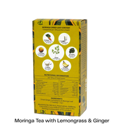 A yellow box of Moringa Dried Leaf Content, showing nutritional information and ingredient icons, with text at the bottom reading 'Moringa Tea with Lemongrass & Ginger'.