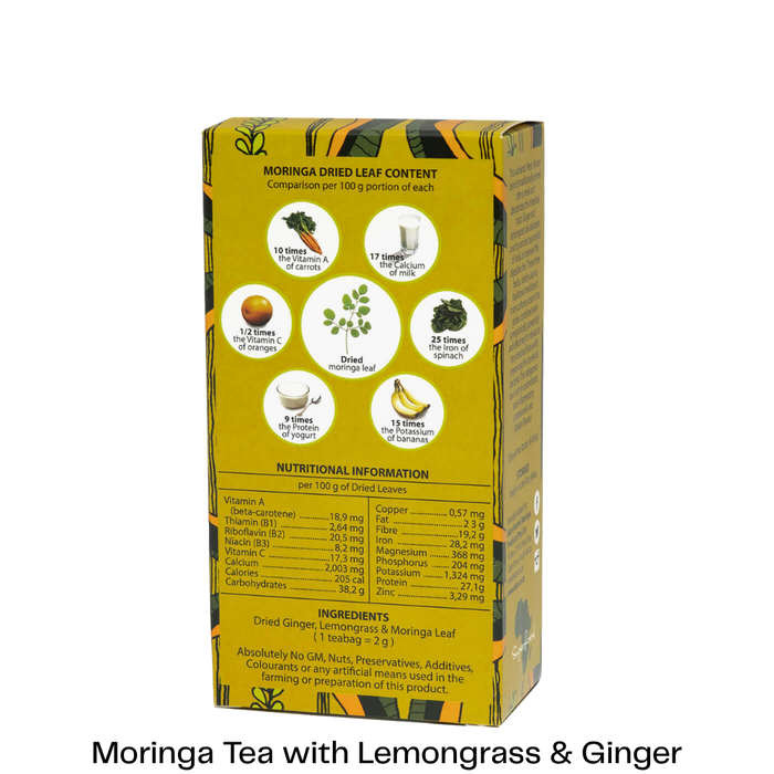 A yellow box of Moringa Dried Leaf Content, showing nutritional information and ingredient icons, with text at the bottom reading 'Moringa Tea with Lemongrass & Ginger'.