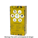 A yellow box of Moringa Dried Leaf Content, showing nutritional information and ingredient icons, with text at the bottom reading 'Moringa Tea with Lemongrass & Ginger'.