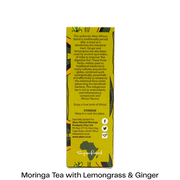 A tall yellow tea box shown from the back on a white background, with black text describing the tea blend and storage instructions. The box has green and black botanical illustrations and a SuperFungal logo near the bottom.