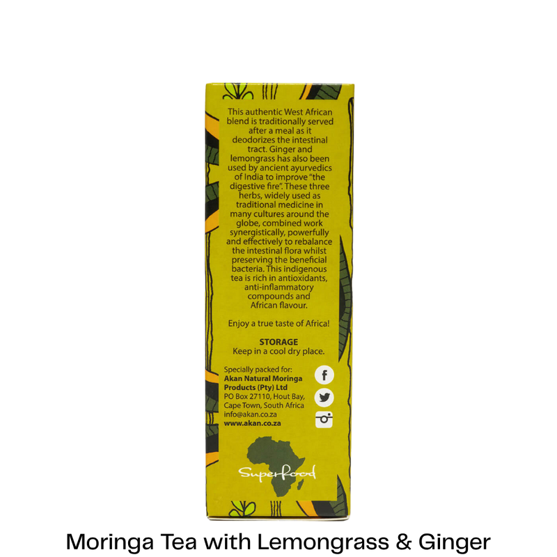 A tall yellow tea box shown from the back on a white background, with black text describing the tea blend and storage instructions. The box has green and black botanical illustrations and a SuperFungal logo near the bottom.