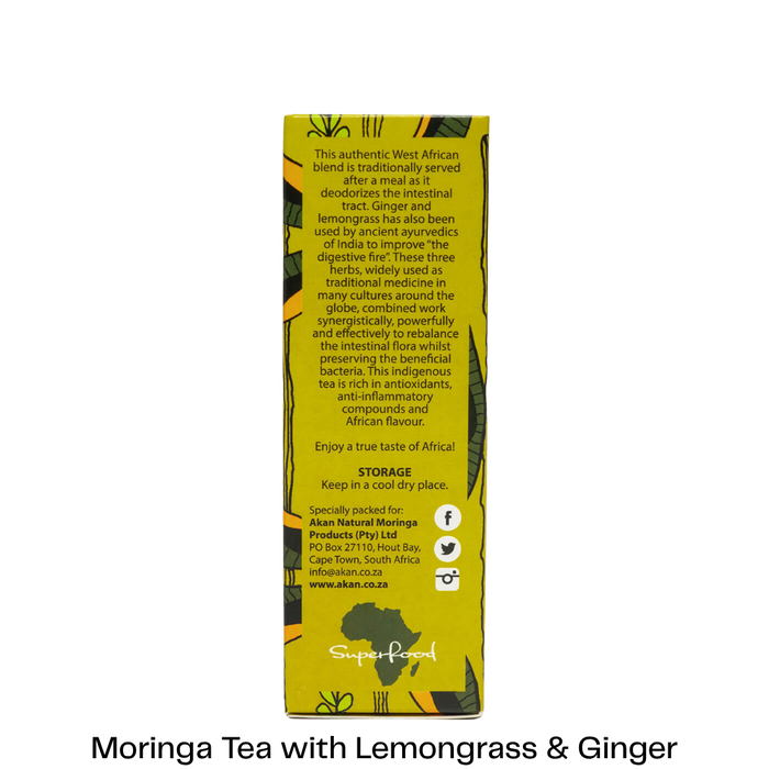 A tall yellow tea box shown from the back on a white background, with black text describing the tea blend and storage instructions. The box has green and black botanical illustrations and a SuperFungal logo near the bottom.