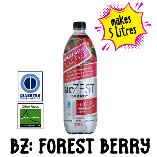 BioZest Sugarfree Energy Management Drink for Diabetics in Forest Berry flavour. 1L concentrate makes 4 Litres of energy drink