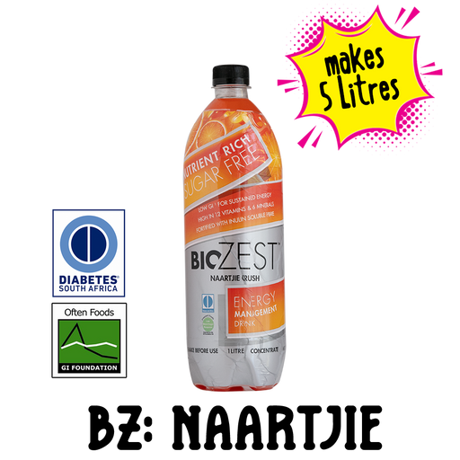 BioZest Sugarfree Energy Management Drink for Diabetics in Naartjie flavour. 1L concentrate makes 4 Litres of energy drink