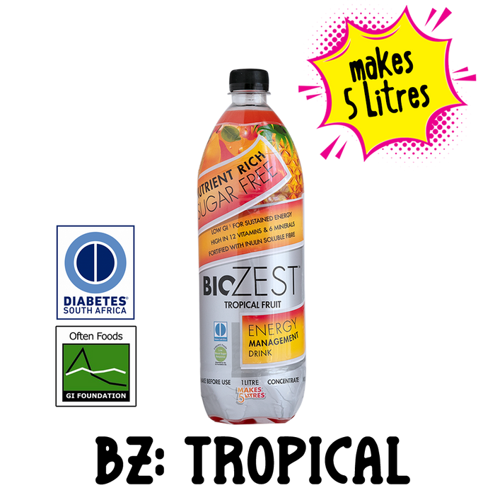 BioZest Sugarfree Energy Management Drink for Diabetics in Tropical Fruit flavour. 1L concentrate makes 4 Litres of energy drink